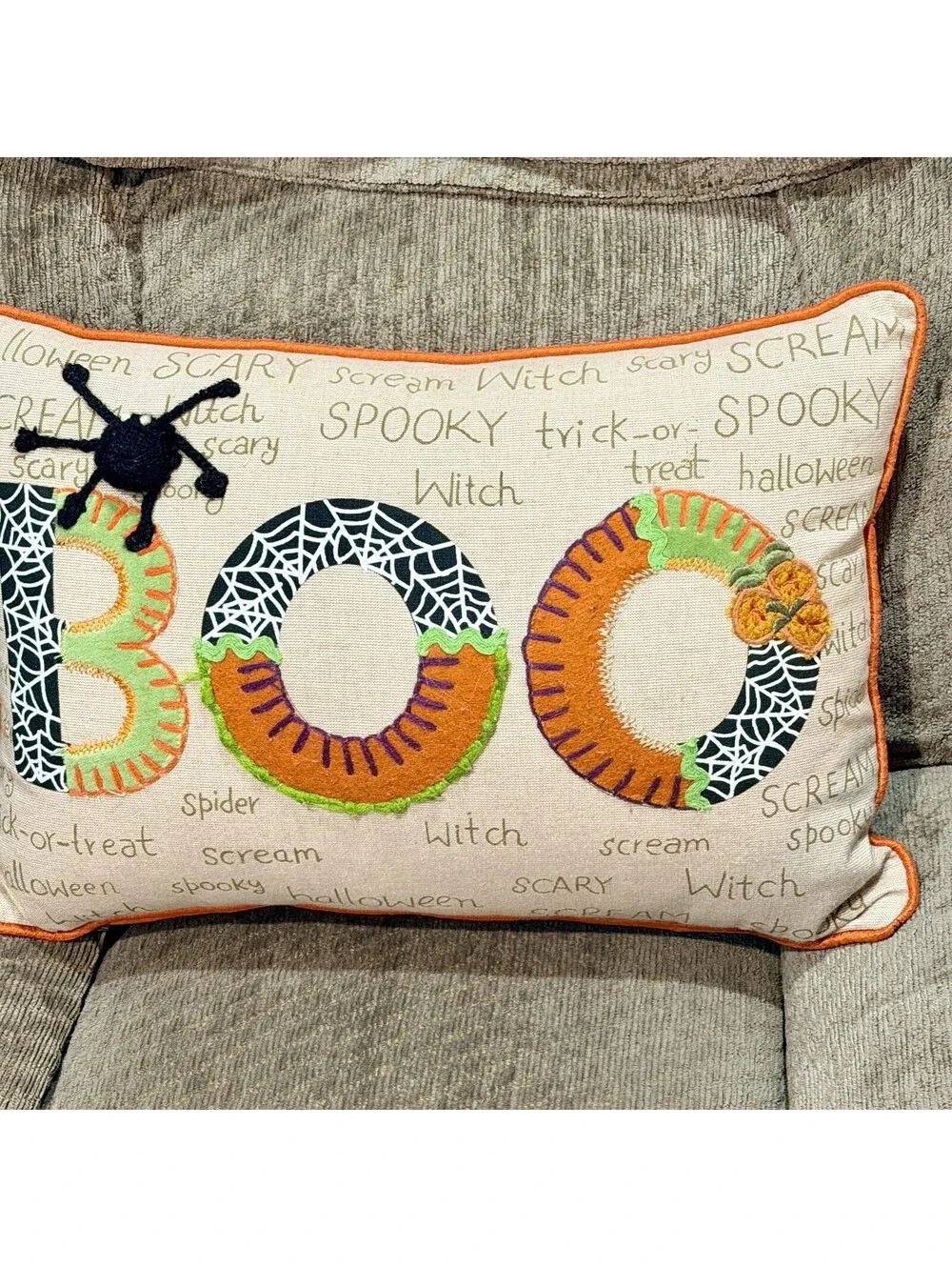 Vintage Pier 1 Imports Embroidered  BOO Pillow Halloween Spider Patchwork 12x17